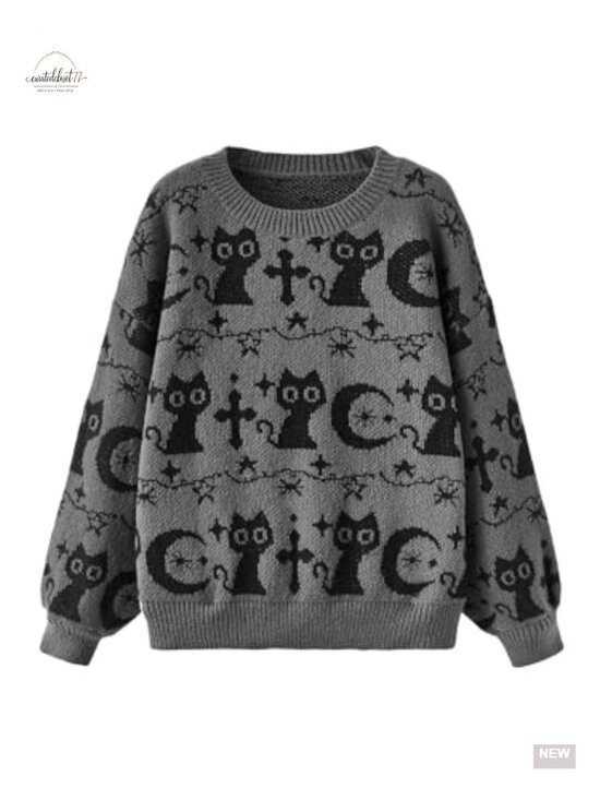Sweaters - Goth Cartoon Cat Moon Print Knit Sweater Pullover Loose Fit Crew Neck Top